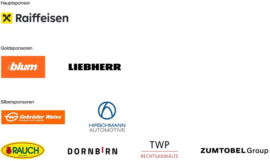 Die Sponsorenlogos der FHV Business Summit (Raiffeisen, Blum, Liebherr, Gebrüder Weiss, Hirschmann, Rauch, Dornbirn, TWP, Zumbtobel) | © FHV / Unternehmen