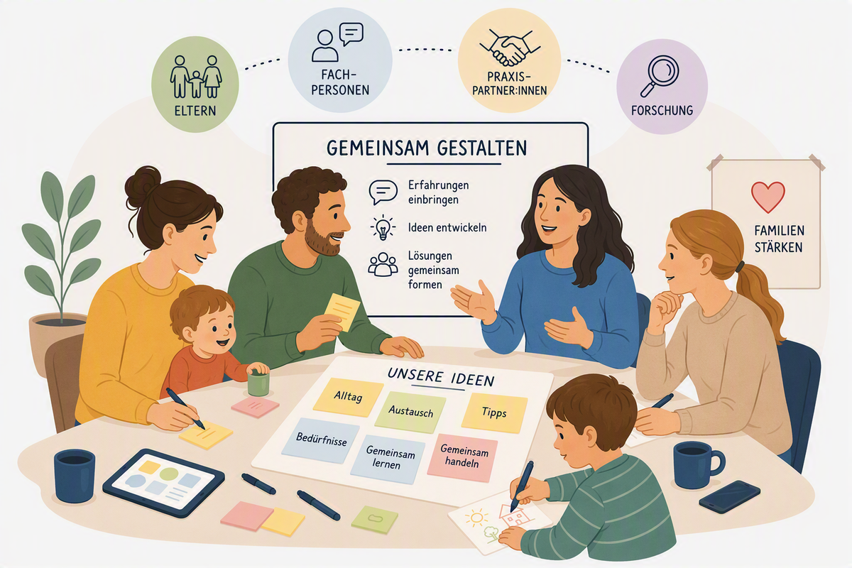 Illustration einer Co-Creation-Session zwischen Eltern, Fachpersonen, Praxispartner:innen und Forschung in der sie gemeinsam an der Entwicklung des Lehrformats für Familien mit Kleinkindern arbeiten. | © KI Grafik mit Microsoft Copilot generiert