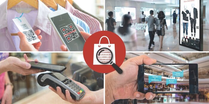 Grafik Im Zeitalter der Digitalisierung wettbewerbsfähig zu bleiben | © cordes Das Bild ist unterteilt in 4 bereiche: bezahlung Handy, scan QR-Code, scan mit Handy, Scan durch Display in öffentlichen Bereich | © cordes