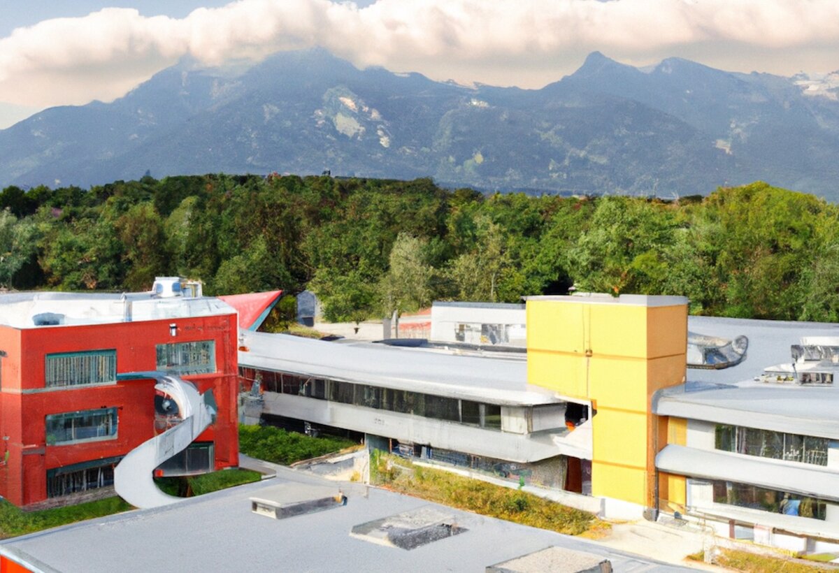 Von KI-generiertes Bild über eine Fachhochschule im Alpenraum.