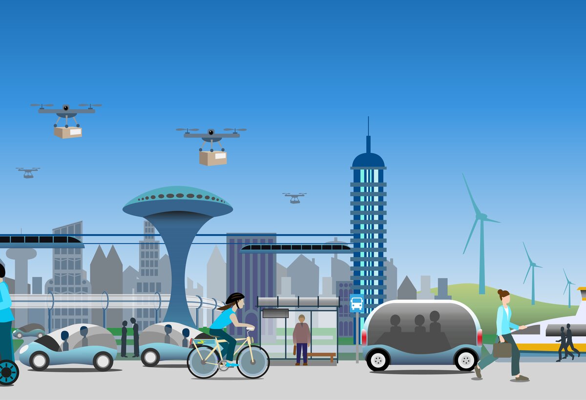 Eine Grafik einer moderne Stadt mit moderner Mobilität