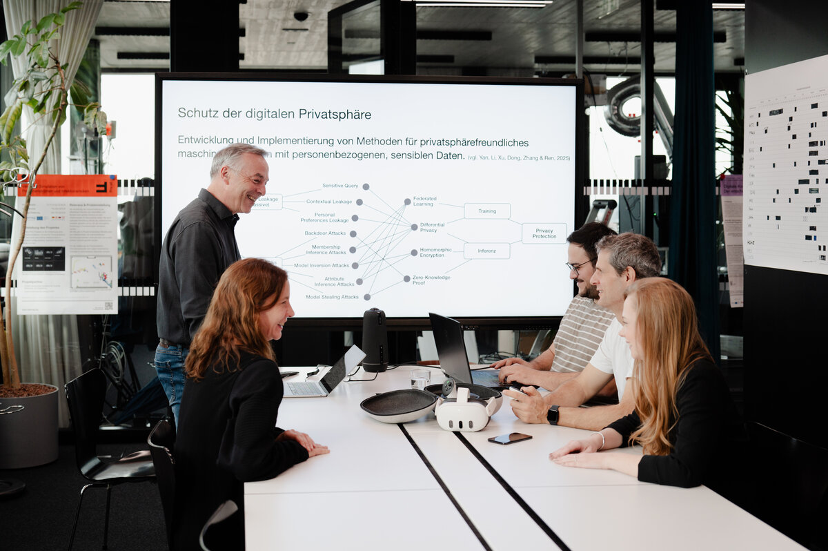 Mehrere Forschende sitzen lachend an einem Besprechungstisch. Im Hintergrund ist eine Präsentationsfolie mit der Überschrift ‚Schutz der digitalen Privatsphäre‘ zu sehen. | © FHV