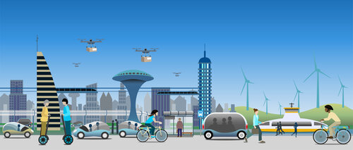 Das Bild zeigt eine Stadt aus der Zukunft und deren transport möglichkeiten | © Adobe Stock- Martin Dobler