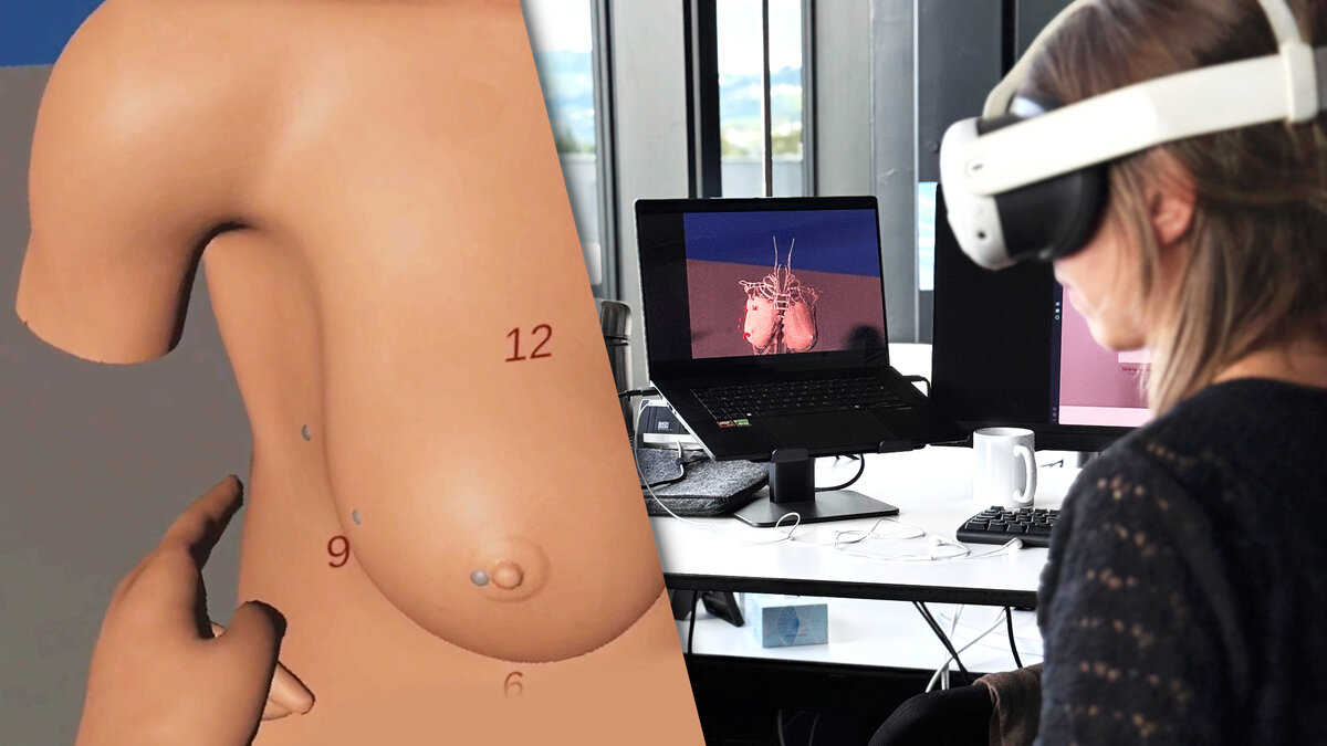 Eine Person trägt eine VR-Brille und lernt in einer virtuellen Anwendung, wie man die Brust bei einer Selbstuntersuchung abtastet. | © Christiane Valtiner