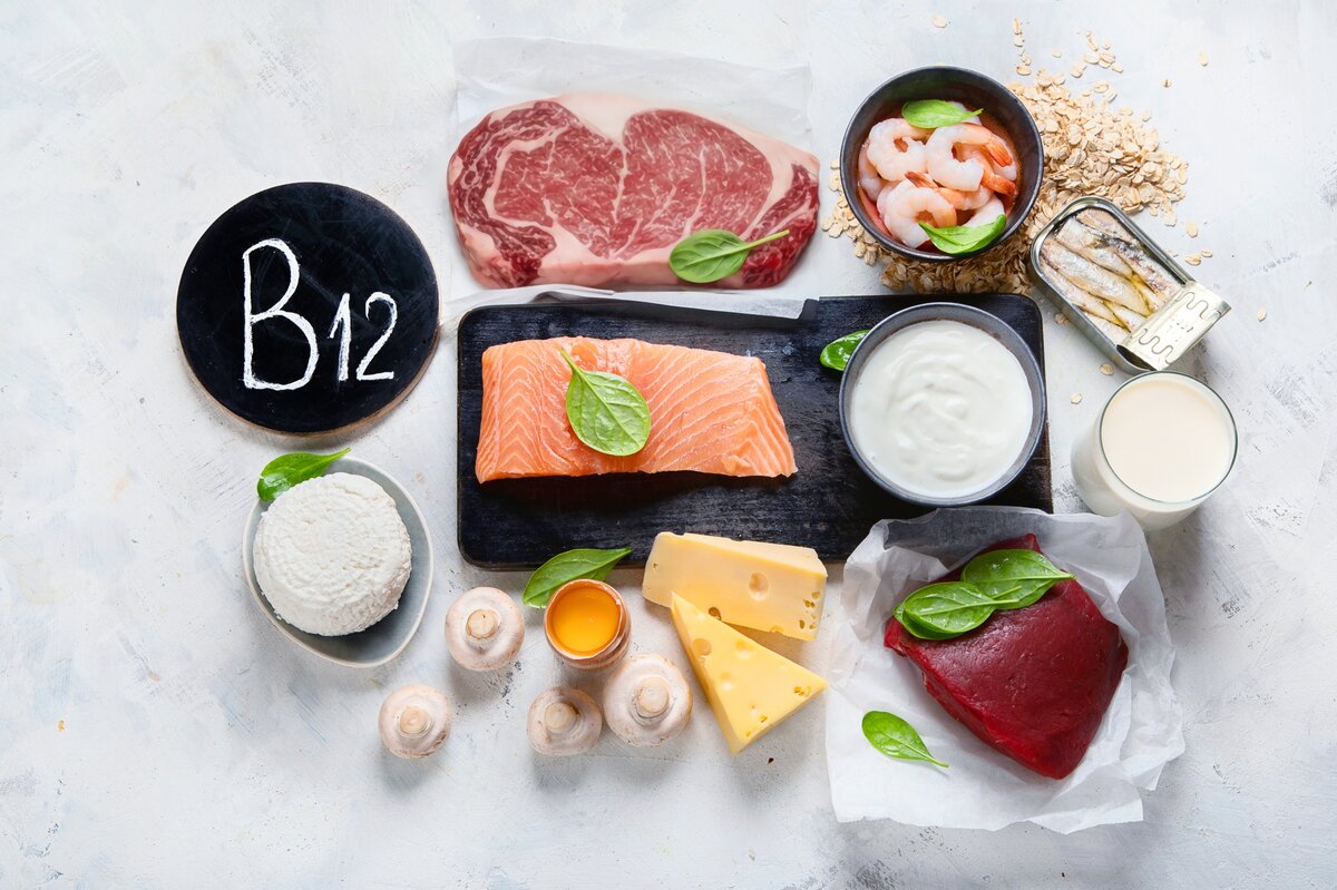 Auswahl vitamin-B12-haltiger Lebensmittel, darunter Fisch, Fleisch, Milchprodukte, Eier und Meeresfrüchte. | © Adobe Stock / bit24