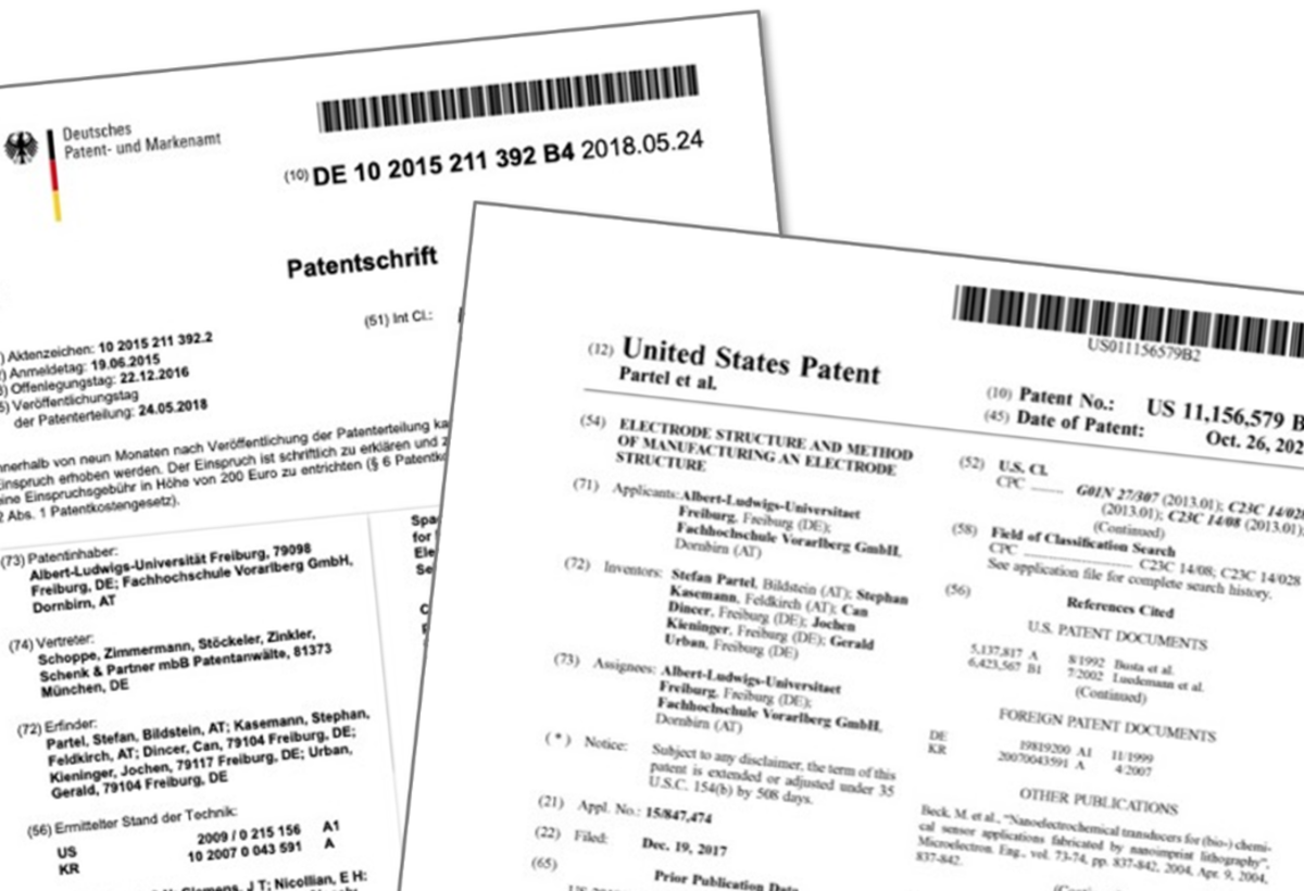 Das Bild zeigt zwei Blätter Papier mit Infos zu einem Patent