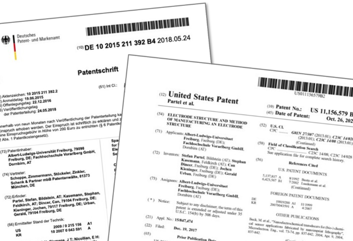 Das Bild zeigt zwei Blätter Papier mit Infos zu einem Patent | © FHV