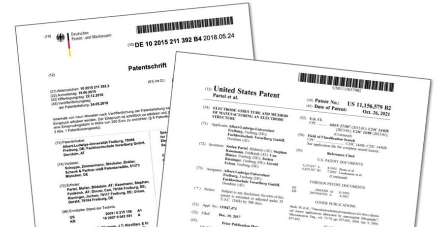 Das Bild zeigt zwei Blätter Papier mit Infos zu einem Patent | © FHV