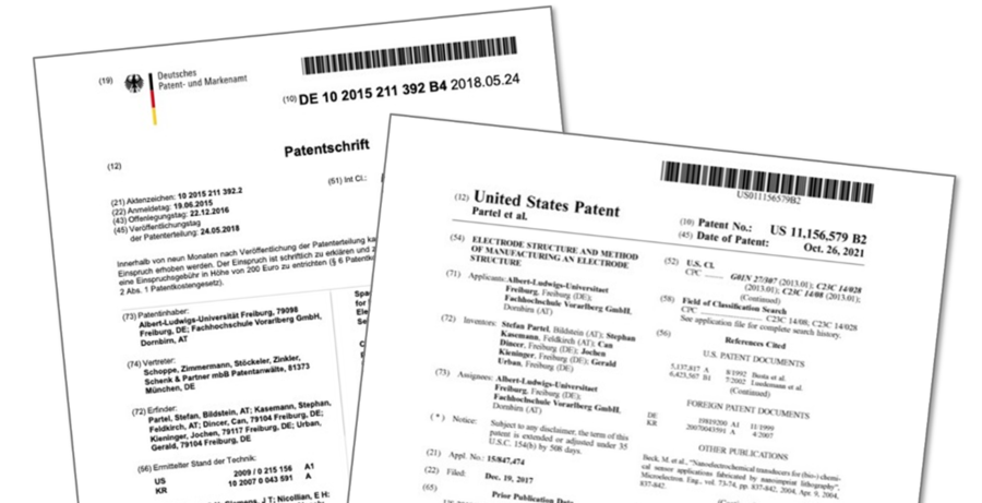 Sowohl in Deutschland als auch in den USA wurden die Patente erteilt. | © FHV Das Bild zeigt zwei Blätter Papier mit Infos zu einem Patent | © FHV