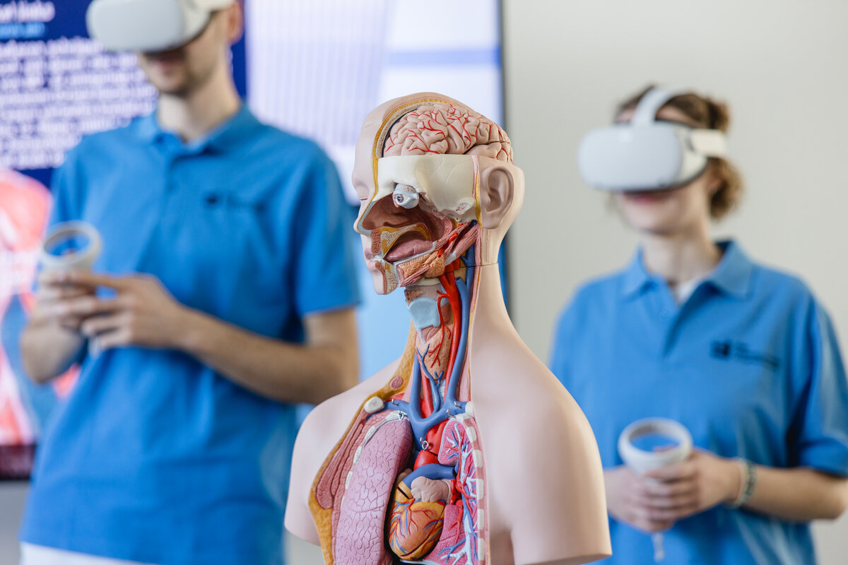Studierende von Gesundheits- und Krankenpflege an der FHV mit 3D Brillen und einem Anatomie-Rumpf | © FHV / Nina Bröll