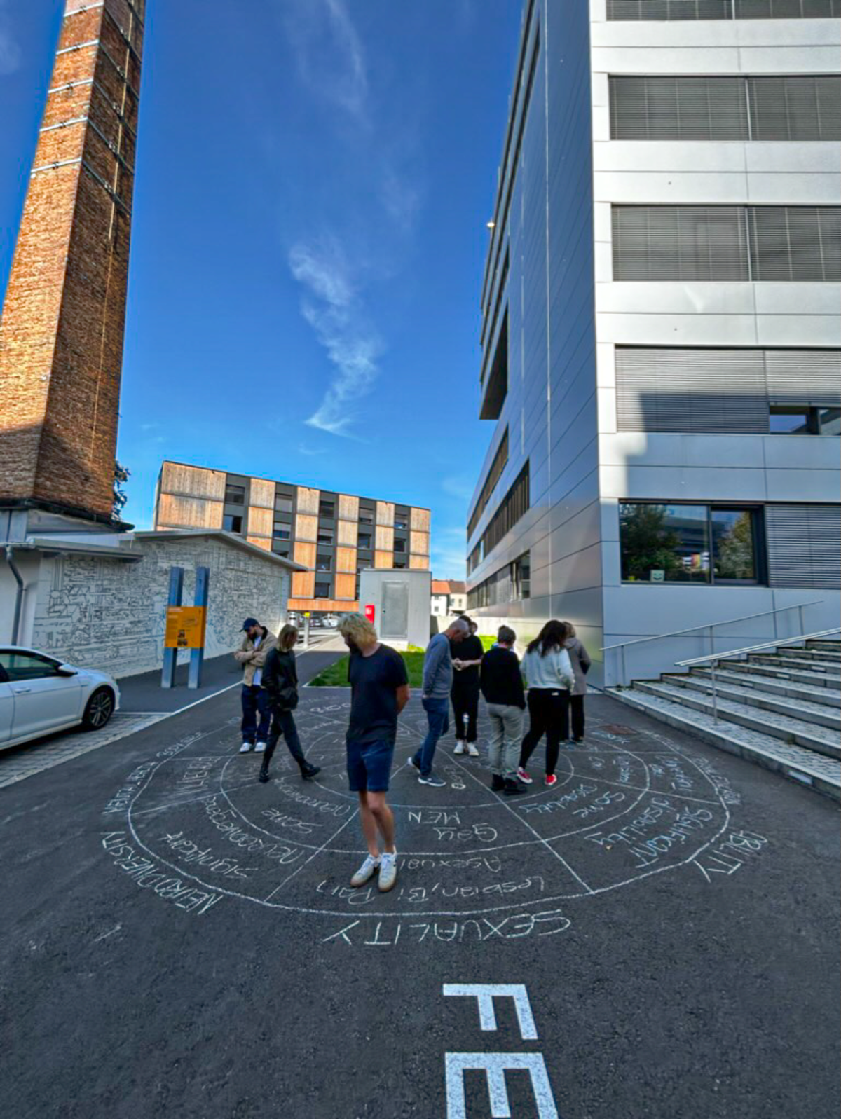 Wheel of Power mit Kreide auf den Innenhof der FHV gemalt | © Fachbereich Gestaltung FHV